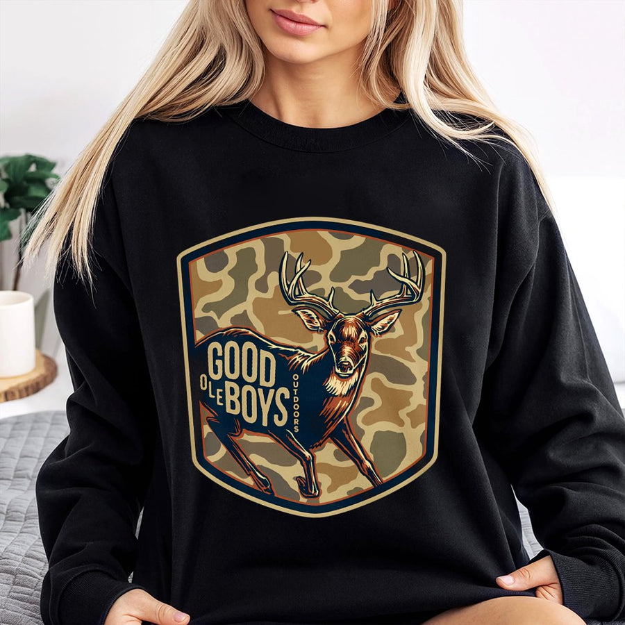 Good Ole Boys Outdoors Sweatshirt, Buck Deer Camo Graphic Sweatshirt, Country Lifestyle Apparel, Rustic Nature Design Sweatshirt