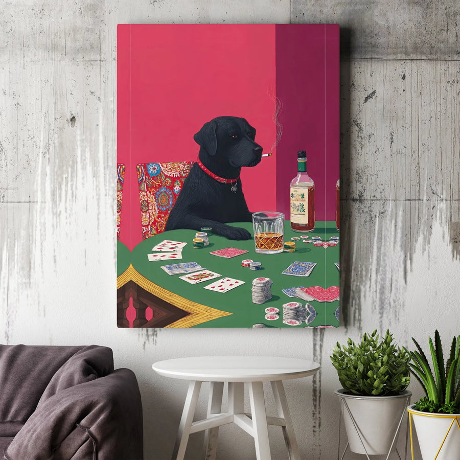 Dogs Playing Poker Canvas Wall Art | Cool Black Lab Smoking & Drinking Whiskey | Premium Gallery Wrapped Canvas | Man Cave & Game Room Decor Gift for Him