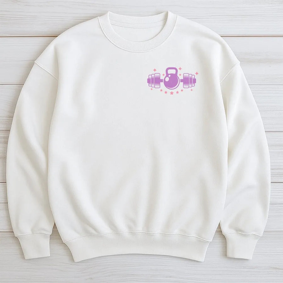 Cute Workout Sweatshirt | Kettlebell & Dumbbell Graphic | Premium Cotton Blend | Gift for Women Who Lift