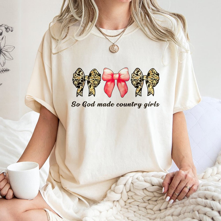 So God Made Country Girls T-Shirt | Camo Coquette Bow Graphic | Premium Soft Cotton | Southern Style Gift for Women