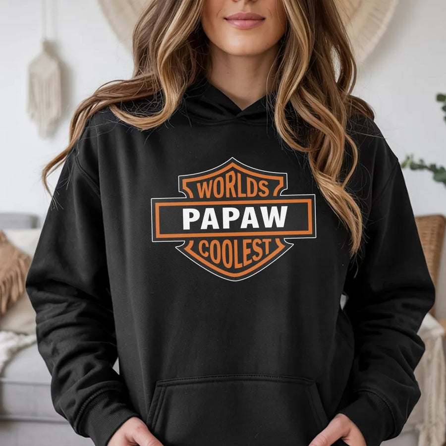 Worlds Coolest Papaw Hoodie | Motorcycle Biker Shield Graphic | Premium Cotton Blend | Funny Father's Day 2026 Gift for Grandpa