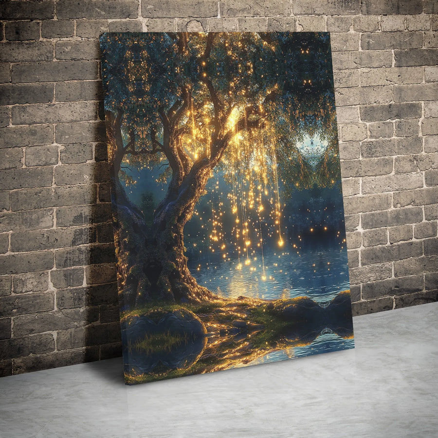 Enchanted Tree Canvas Art | Cascading Golden Fairy Lights Over Water | 1.25 Inch Gallery Wrap | Magical Forest Wall Decor for Living Room