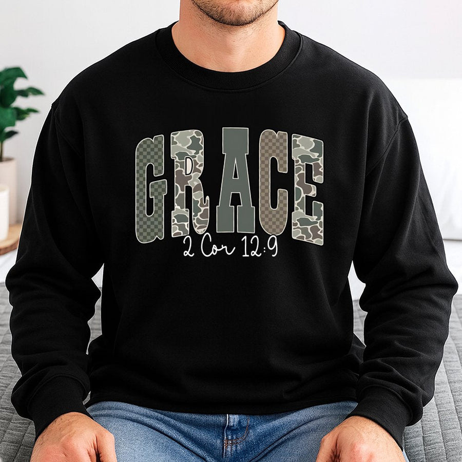 Grace Bible Verse Sweatshirt | Camo Print Christian Apparel | Premium Cotton Blend | Faith Based Religious Gift for Women and Men