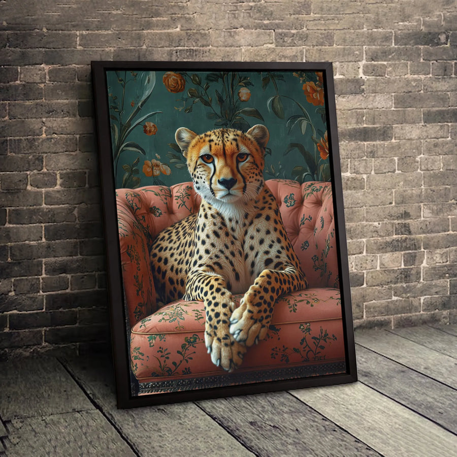 Cheetah Wall Art Print | Elegant Animal Portrait on Floral Sofa | Premium Gallery Wrapped Canvas | Luxury Home Decor Gift