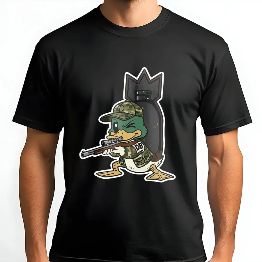 Camo Duck Hunter T-Shirt | Tactical Mallard Sniper Cartoon Graphic | Premium Cotton Fieldwear | Funny Waterfowl Hunting Gift for Outdoorsmen