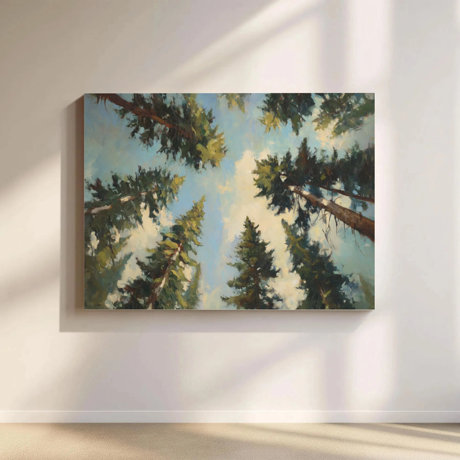 Pine Forest Wall Art | Looking Up Through Tall Evergreen Trees Canvas | Gallery-Wrapped Premium Print | Nature-Inspired Home Decor Gift