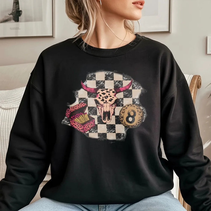 Bull Skull 8 Ball Sweatshirt | Western Cowgirl Aesthetic Design | Premium Cotton Blend Crewneck | Trendy Boho Country Gift for Her