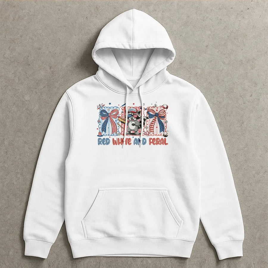 Red White and Feral Raccoon Hoodie | Funny USA Independence Day Graphic Tee | Soft Breathable Cotton | Patriotic Animal Lover Gift
