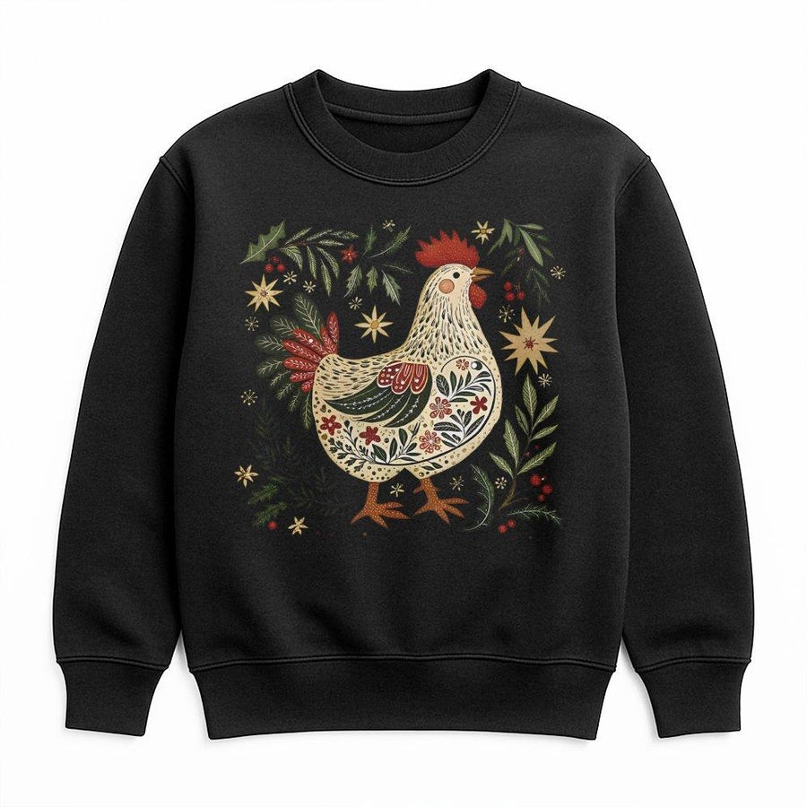 Christmas Chicken Sweatshirt | Folk Art Rooster Graphic Design | Premium Cotton Blend | Cozy Holiday Gift for Chicken Farmers and Animal Lovers