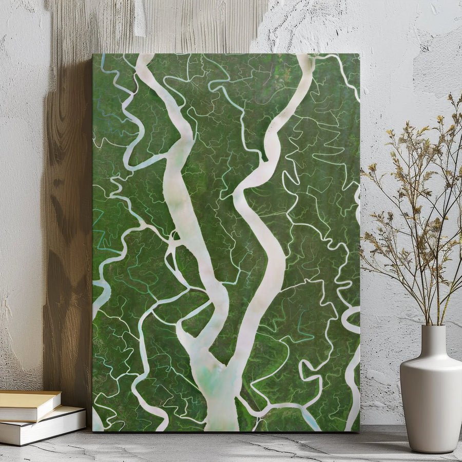 River Delta Aerial Wall Art | Green Nature Landscape Canvas | Premium Gallery Wrap Print | Modern Office & Home Decor Gift