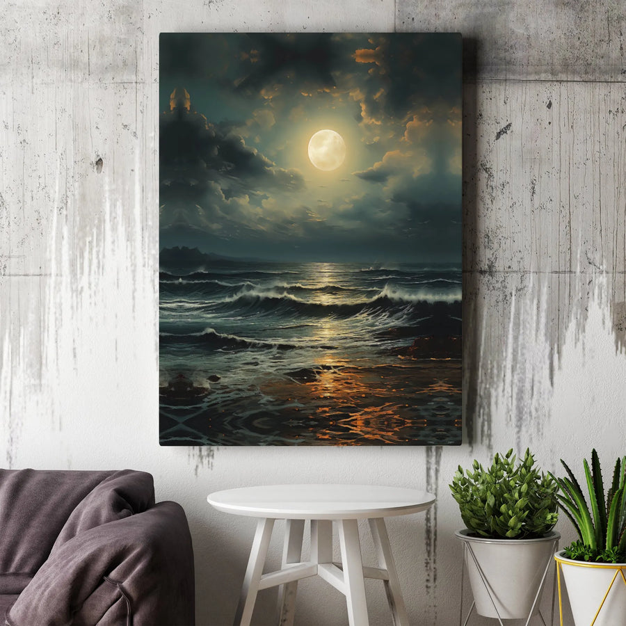 Full Moon Ocean Canvas Print | Dark Moody Seascape Wall Art | 1.25 Inch Gallery Profile | Coastal Home Decor Gift for Nature Lovers