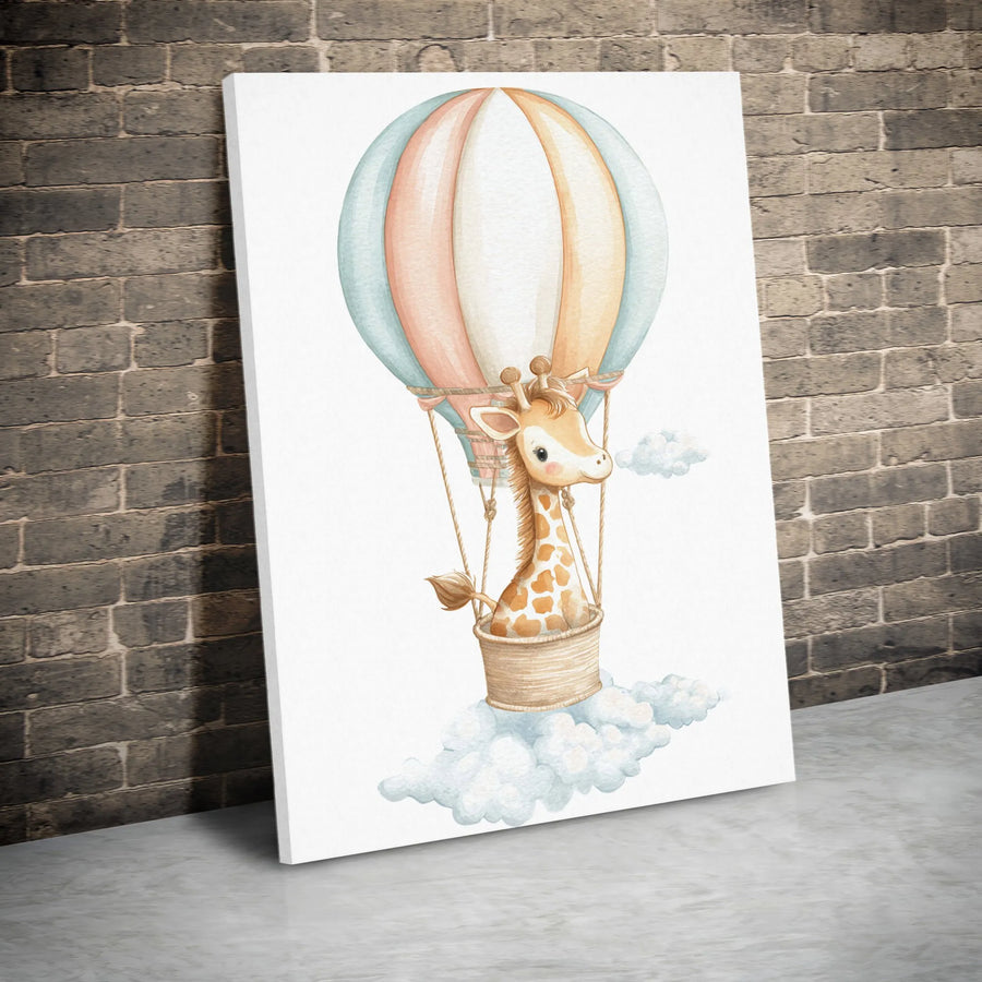 Giraffe Hot Air Balloon Canvas Print | Cute Watercolor Nursery Art | Premium Quality Wall Decor | Safari Animal Kids Room Gift