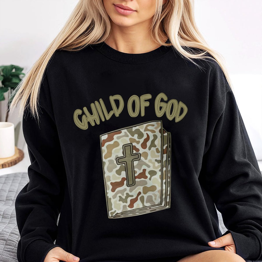 Child Of God Sweatshirt | Camo Bible Graphic Faith Pullover | Premium Cotton Blend Crewneck | Christian Gift for Men and Women