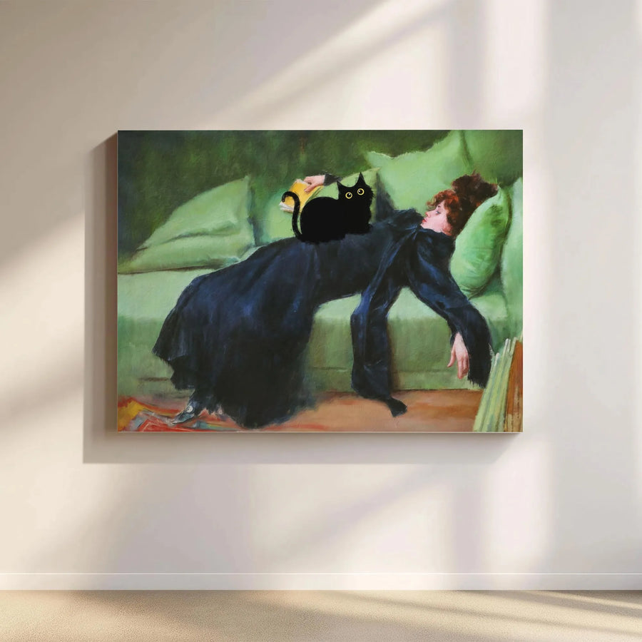 Black Cat on Green Divan Canvas Art | Whimsical Altered Classical Painting | Premium Gallery Wrap Wall Decor | Unique Cat Lover Gift Idea