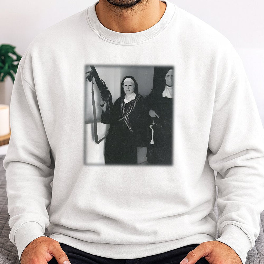 Nun With Gun Sweatshirt | Edgy Vintage Graphic Pullover | Premium Cotton Blend | Funny Streetwear Gift For Men And Women