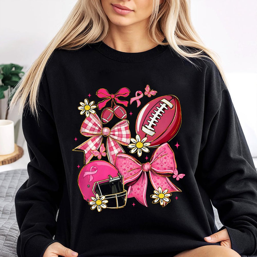 Breast Cancer Awareness Football Sweatshirt | Pink Bow Game Day Graphic | Premium Cotton Blend | Gift For Women & Football Moms