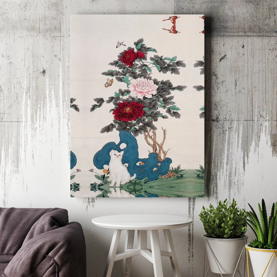 Japanese Cat Wall Art | White Kitty With Heterochromia & Peonies | Gallery Quality Canvas | Premium Home Decor Gift