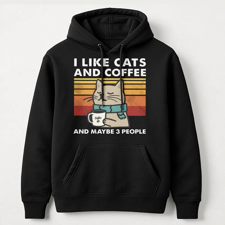 I Like Cats And Coffee And Maybe 3 People Hoodie | Retro Sunset Cat Lover Design | Premium Cotton Blend | Funny Introvert Gift For Her