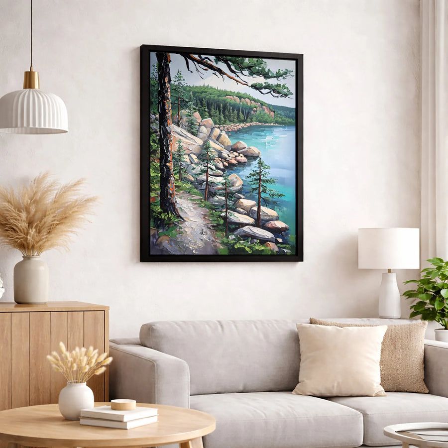 Rocky Lake Landscape Canvas Art | Impasto Pine Forest Wall Decor | Premium Gallery-Wrapped Print | Nature Lover Gift For Home Office