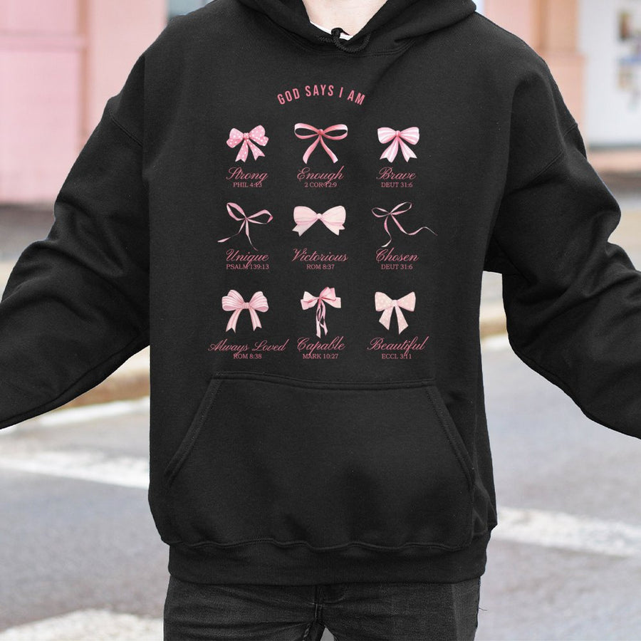God Says I Am Bible Verse Hoodie | Coquette Bow Graphic Design | Soft Cotton Blend | Christian Gift for Women and Teens