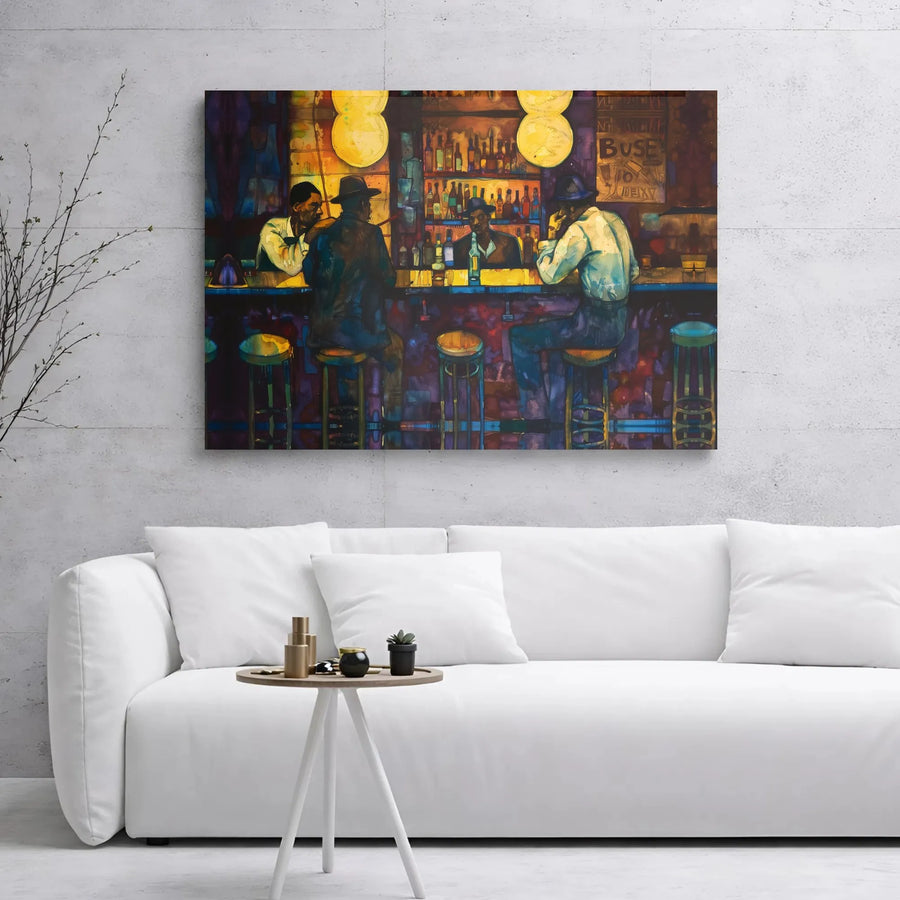 Jazz Club Bar Canvas Art | Vintage Expressionist Tavern Scene | Premium Gallery-Wrapped Print | Music Room & Man Cave Decor