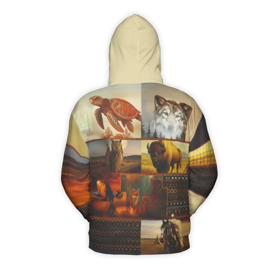 Spirit Animal 3D Hoodie | Native American Inspired Wildlife Collage Print | Soft Brushed Fleece Premium Pullover | Unisex Gift for Nature Lovers