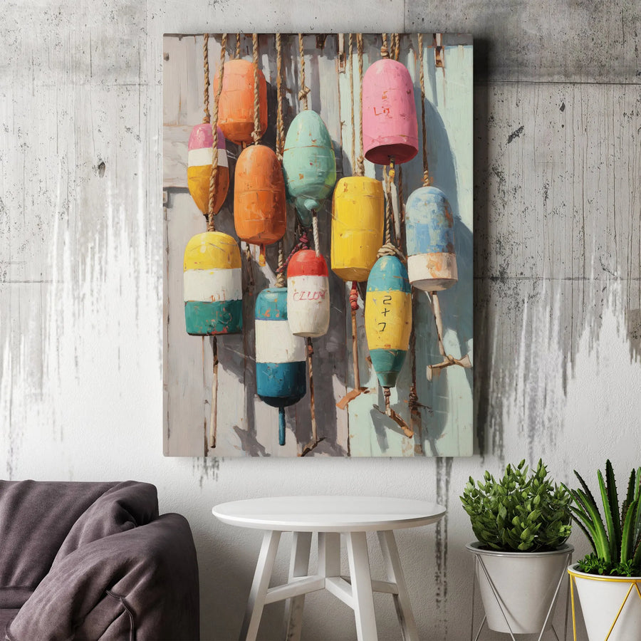 Coastal Buoy Canvas Wall Art | Rustic Nautical Painting Print | Premium Gallery Wrap Canvas | Beach House Decor Gift