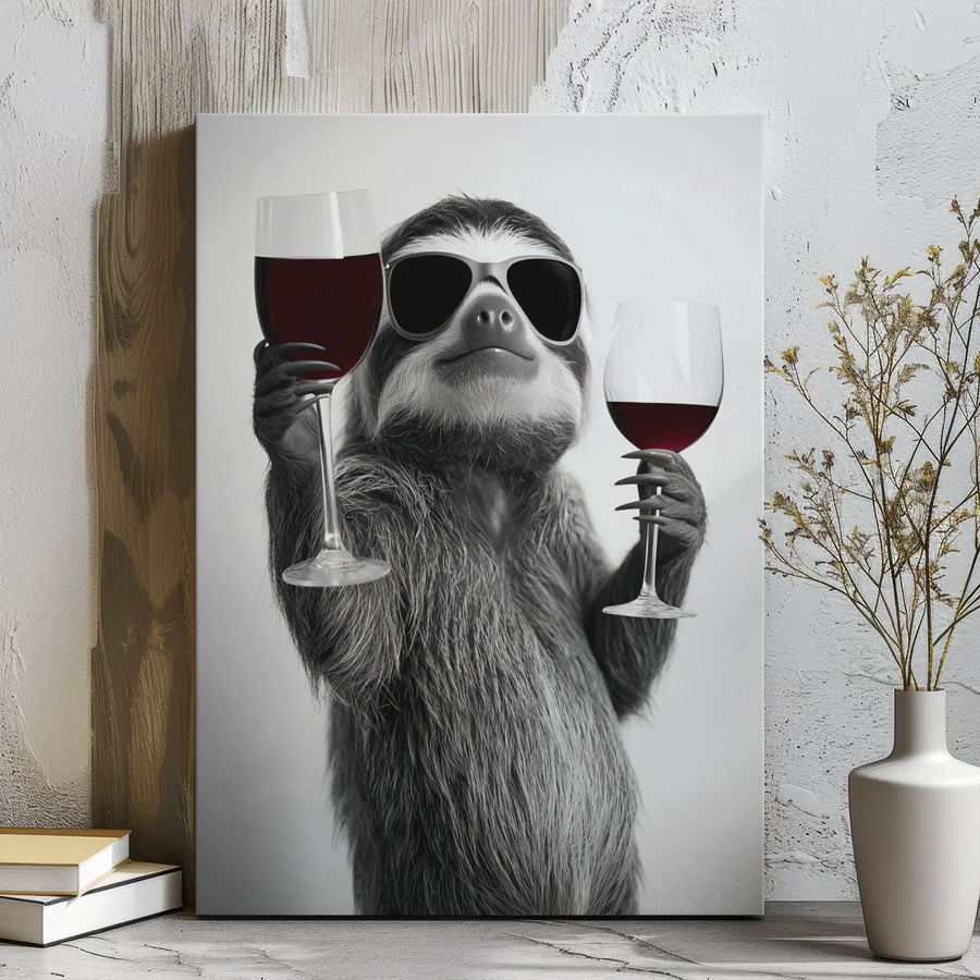 Funny Sloth Wall Art | Retro Sunglasses Drinking Red Wine | Premium Gallery Wrap Canvas | Unique Home Decor Gift for Wine Lovers