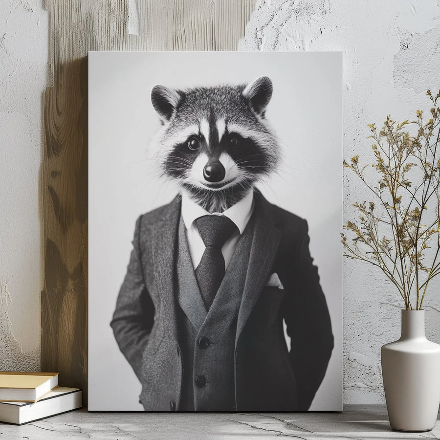 Dapper Raccoon Canvas Art | Gentleman Animal in Suit Portrait | Premium Gallery Wrap Wall Decor | Whimsical Office and Home Gift