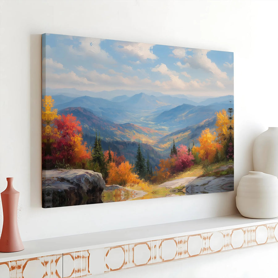 Autumn Mountain Landscape Canvas Wall Art | Vibrant Valley Scenery Painting | Premium Gallery Wrap Canvas | Living Room & Office Decor Gift
