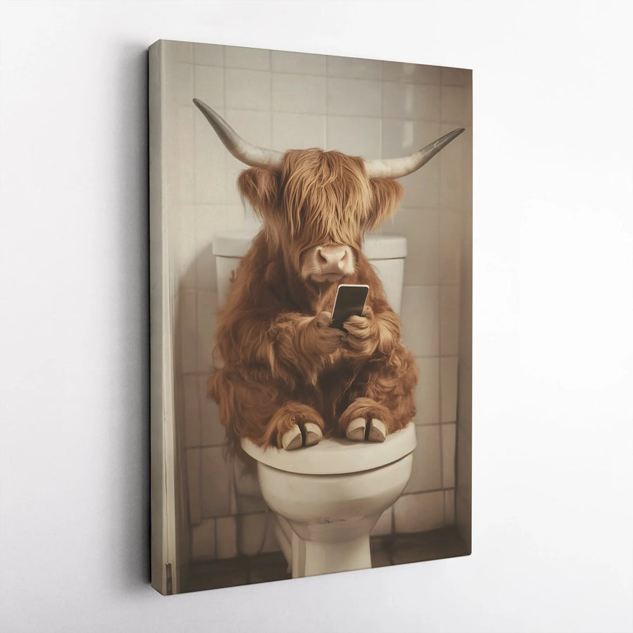 Highland Cow Canvas Wall Art | Funny Cow on Toilet with Phone | Premium Gallery Wrap Canvas | Modern Farmhouse Bathroom Decor Gift