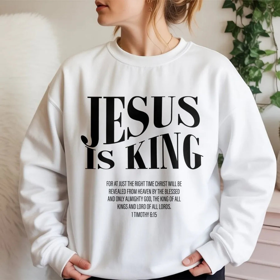 Jesus Is King Sweatshirt | Scripture Bible Verse Graphic | Premium Cotton Blend Crewneck | Christian Faith Apparel Gift for Men and Women