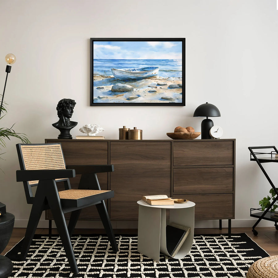 Coastal Rowboat Canvas Wall Art | Serene Watercolor Seascape Print | Premium Gallery-Wrapped 1.25 Inch Profile | Beach House Decor Gift
