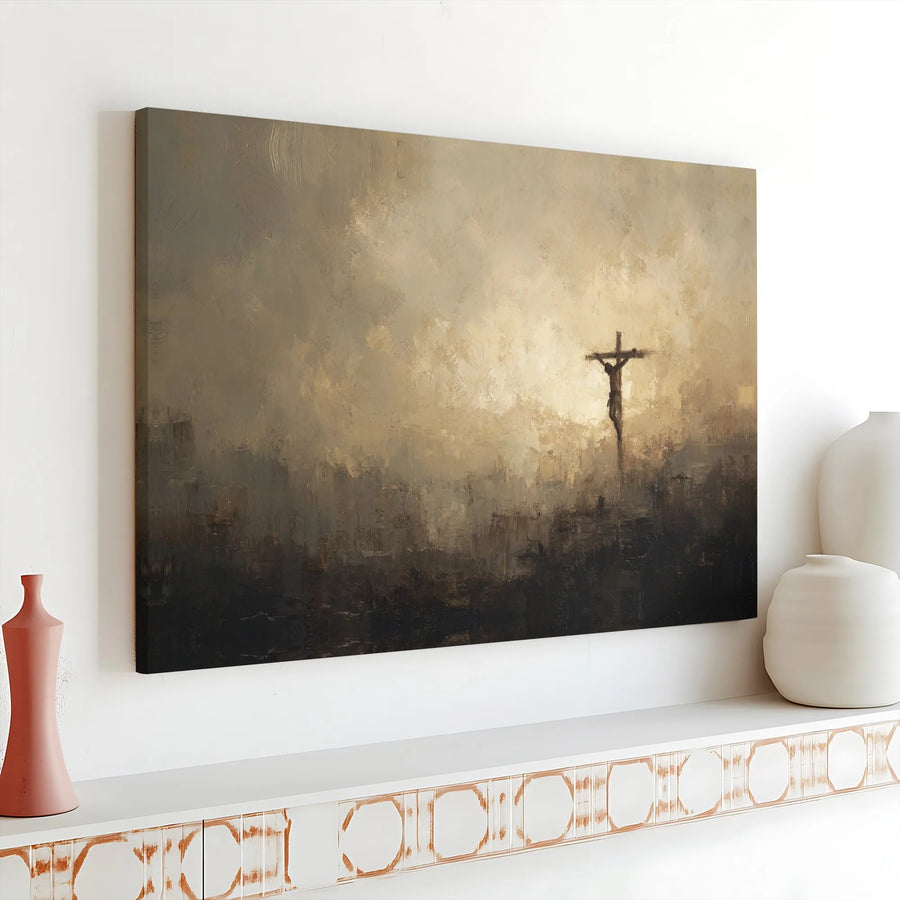 Jesus Crucifixion Canvas Wall Art | Moody Christian Painting Print | Premium 1.25" Thick Gallery Wrap | Spiritual Home Decor Gift for Believers