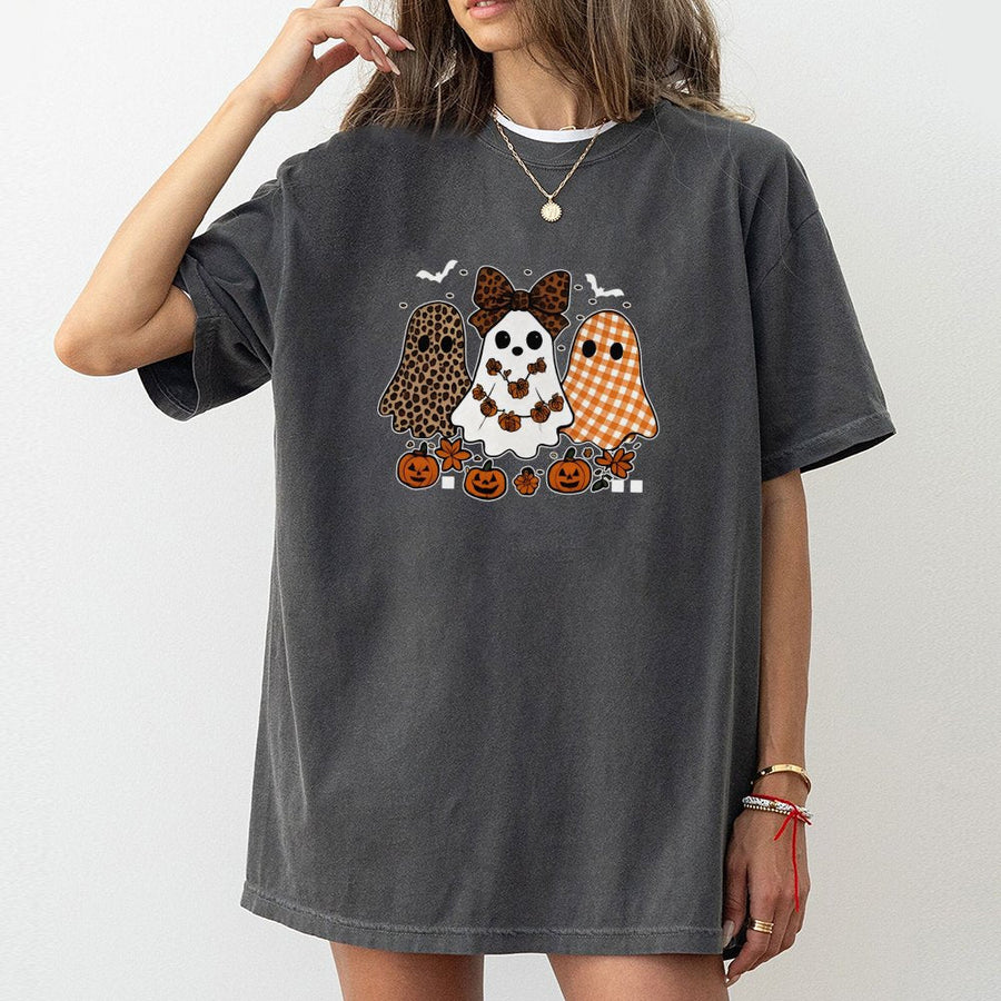 Ghost Trio Halloween T-Shirt | Leopard Gingham Bow Graphic | Premium Soft Cotton | Cute Fall Pumpkin Apparel for Women