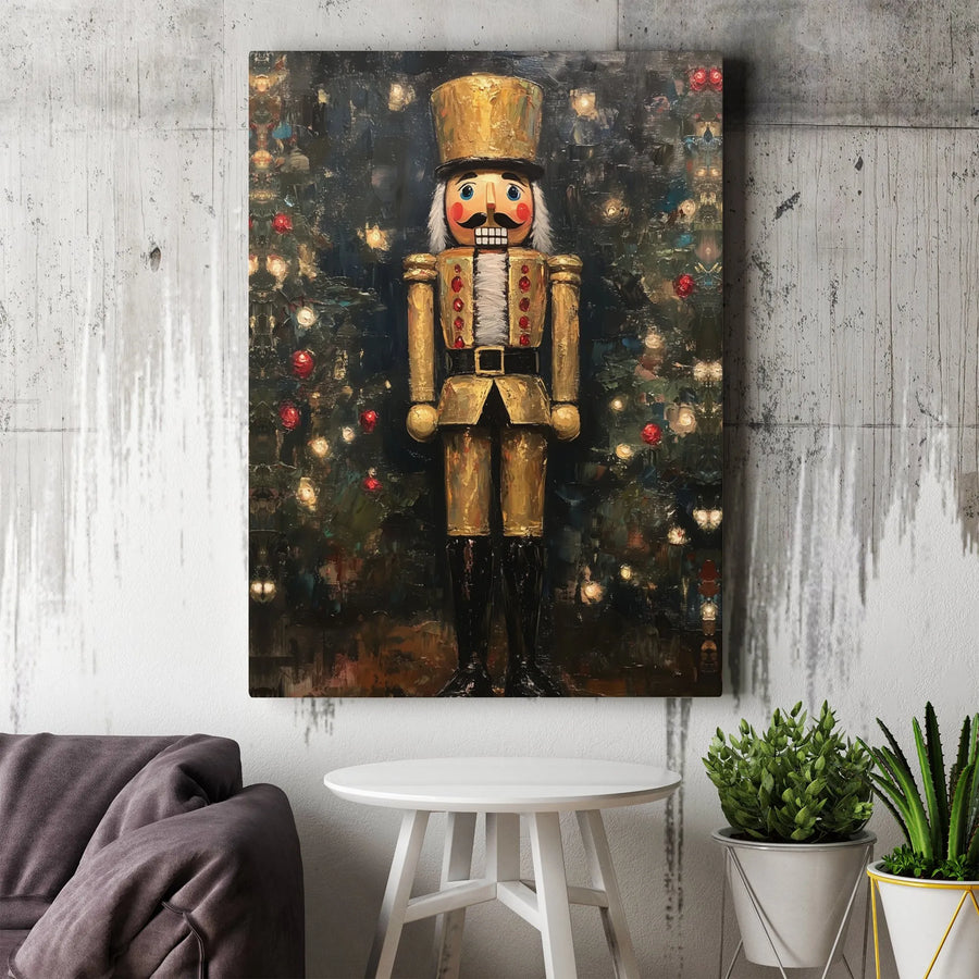 Gold Nutcracker Canvas Wall Art | Impasto Christmas Tree Print | 1.25" Gallery Wrap Premium Decor | Festive Holiday Home Decoration Gift
