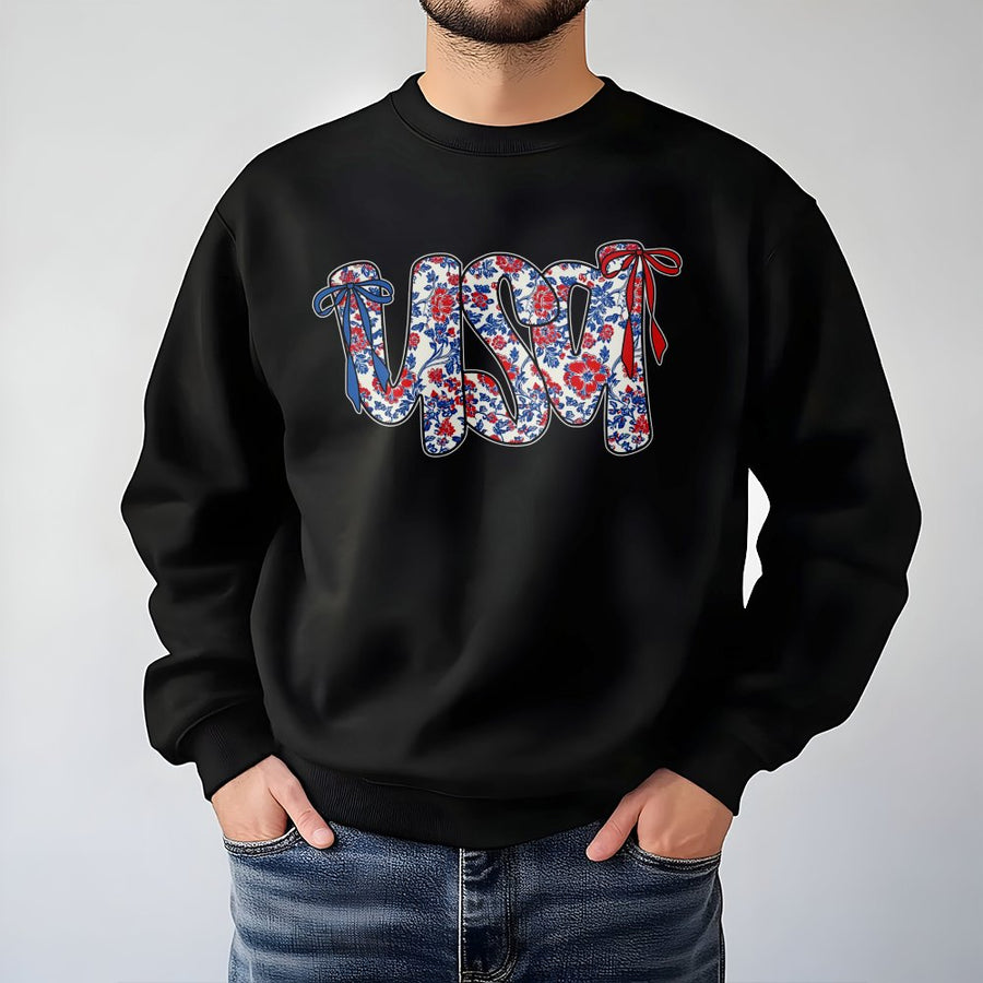USA Floral Bow Sweatshirt | Patriotic Coquette Aesthetic Design | Premium Cotton-Poly Blend | 4th of July Gift for Women and Girls