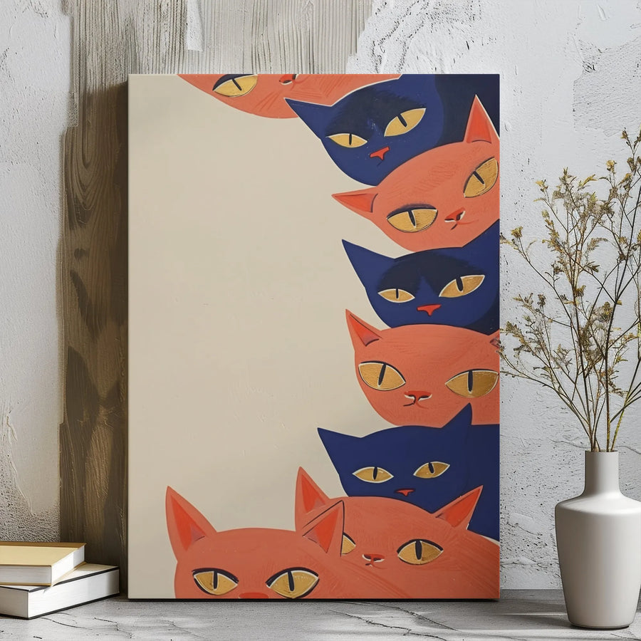 Abstract Cat Art Canvas | Mid Century Modern Peeking Cats Wall Decor | Premium 1.25" Gallery Wrap | Unique Gift for Cat Lovers