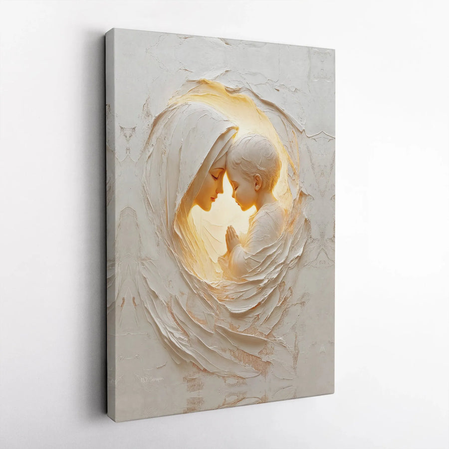 Virgin Mary and Jesus Canvas Wall Art | Serene Madonna and Child Praying Art | Premium Textured Relief Style Print | Religious Home Decor Gift for Christians
