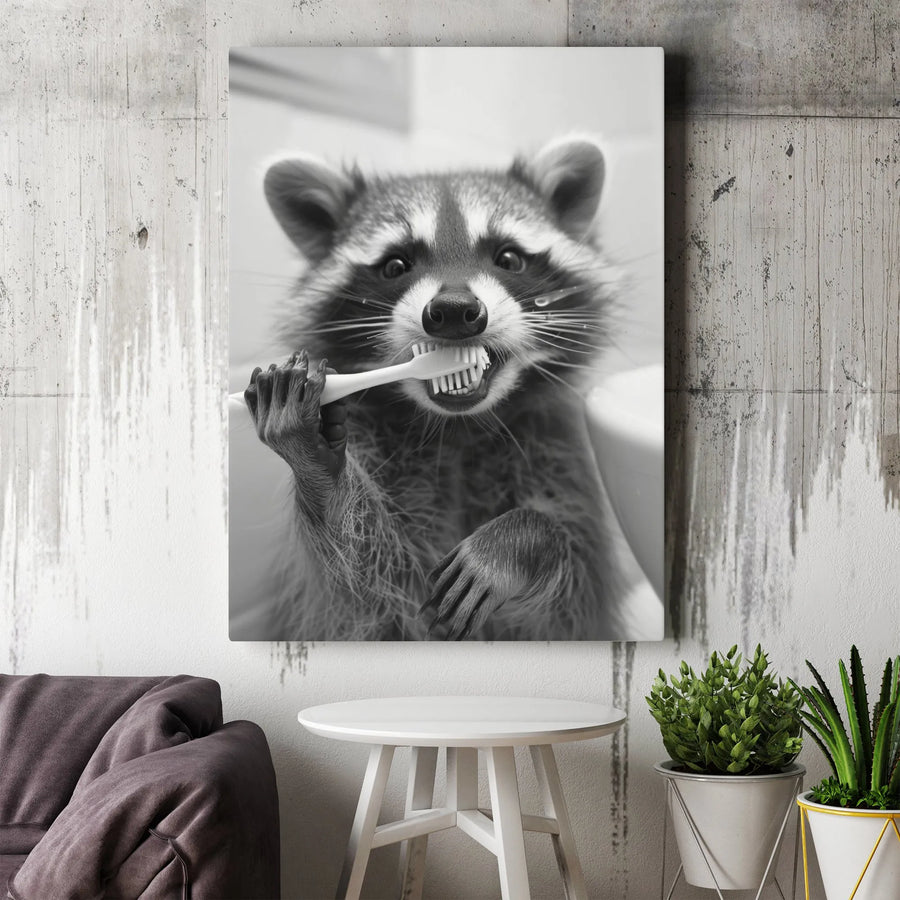 Funny Raccoon Bathroom Wall Art | Quirky Animal Brushing Teeth Print | Premium Gallery Wrapped Canvas | Humorous Home Decor Gift
