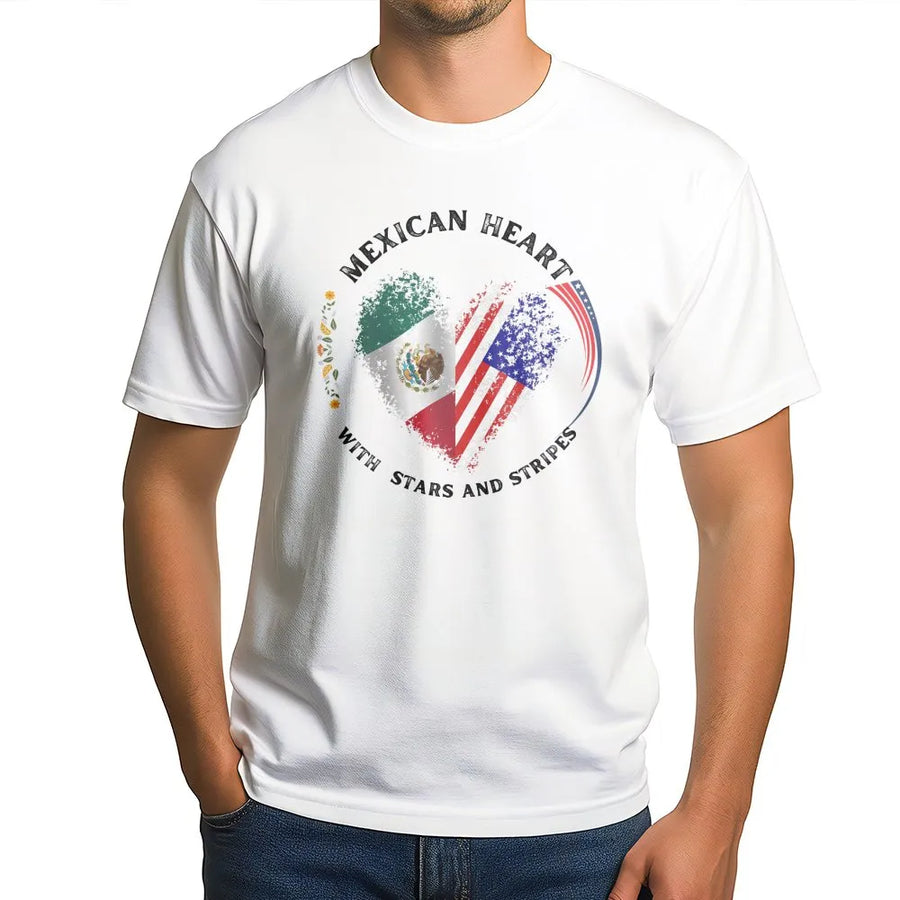 Mexican American Heart T-Shirt | Dual Flag Pride Design | Premium Soft Cotton Tee | Heritage Gift for Mexican Heritage and USA Roots