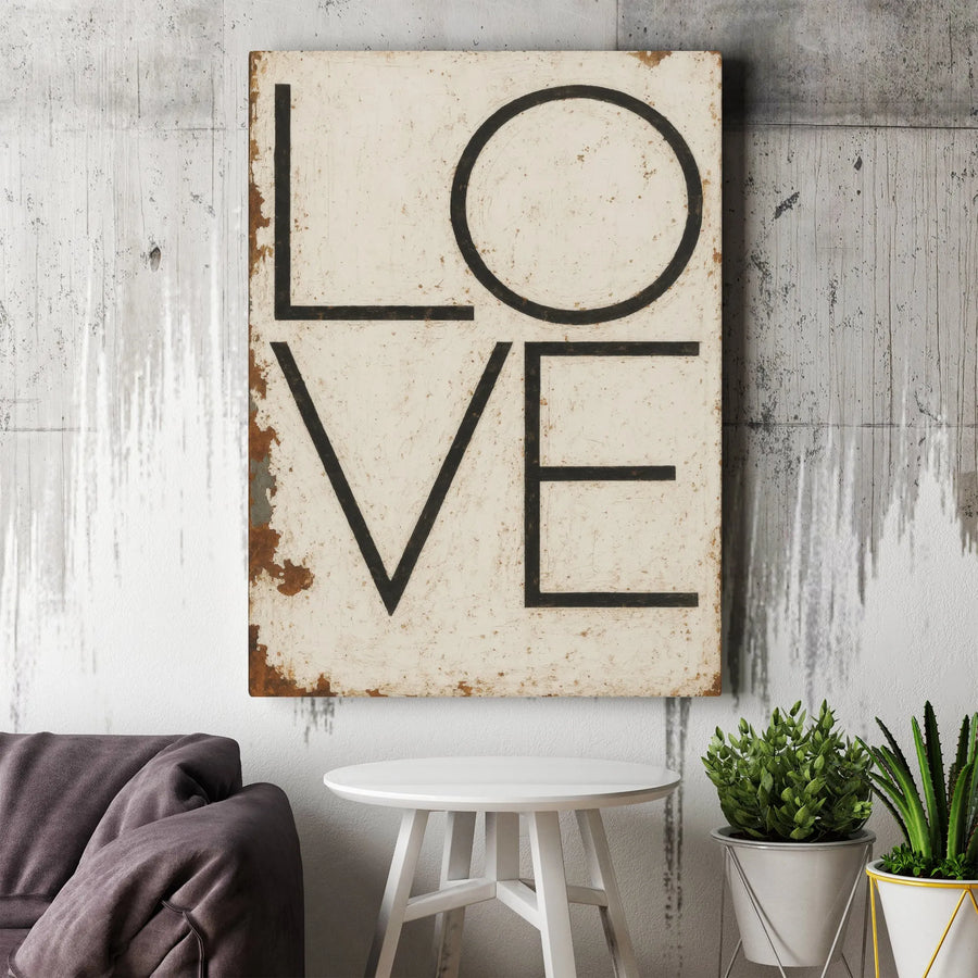 Love Canvas Wall Art | Rustic Distressed Stacked Letter Design | Premium 1.25-inch Gallery Wrap | Romantic Farmhouse Home Decor Gift