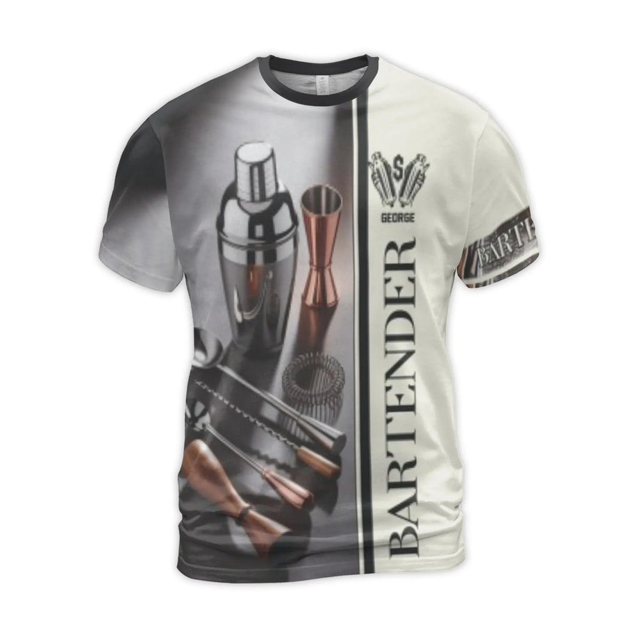 Bartender 3D Graphic T-Shirt | Cocktail Shaker & Bar Tools Print | Premium Polyester Blend | Gift for Mixologist & Barman