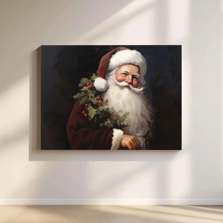 Vintage Santa Claus Wall Art | Classic Holly Wreath Portrait | Premium Gallery-Wrapped Canvas | Festive Holiday Home Decor Gift