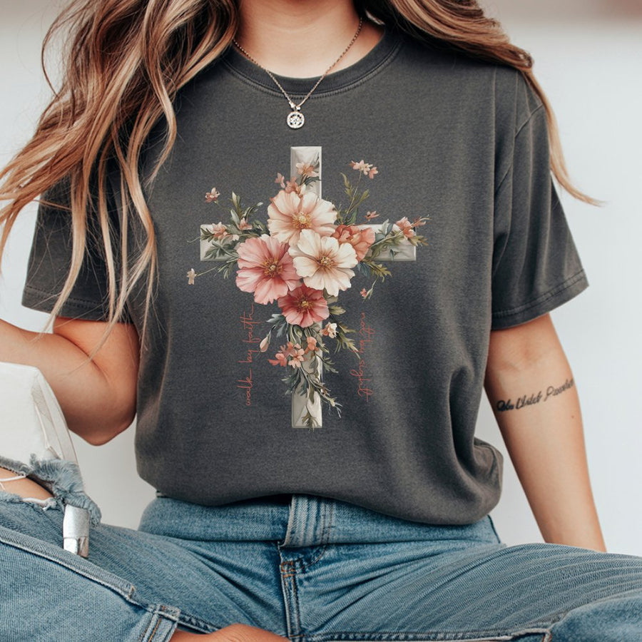 Floral Cross T-Shirt | Walk By Faith Not By Sight Quote | Premium 100% Cotton Religious Apparel | Christian Gift For Her