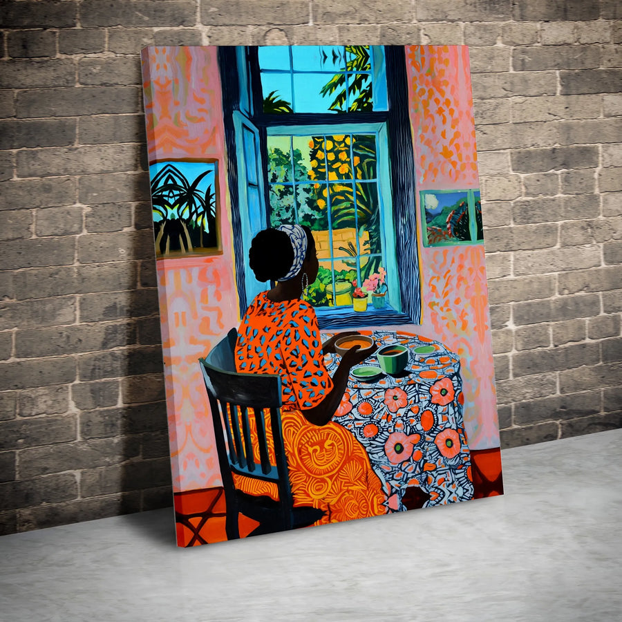 Black Woman Wall Art Canvas | Vibrant Woman by Window Painting | Premium Canvas Print | Afrocentric Home Decor Gift