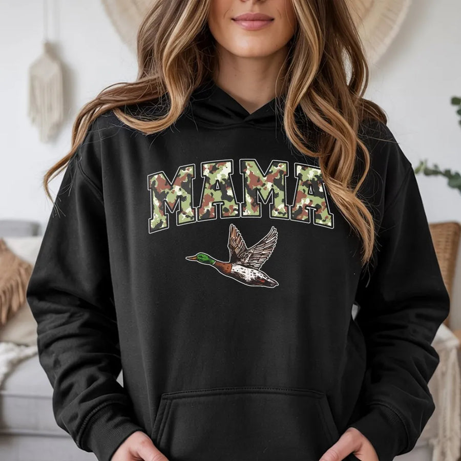 Mama Duck Hunting Hoodie | Camo Collegiate Graphic Print | Premium Cotton-Poly Blend | Gift for Outdoor Mom and Duck Hunter