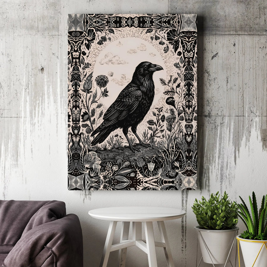 Gothic Raven Canvas Wall Art | Vintage Woodcut Style Illustration | Premium High-Resolution Print | Dark Academia Home Decor Gift