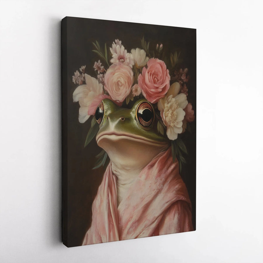 Frog Portrait Canvas Wall Art | Whimsical Frog in Floral Crown | Premium Gallery-Wrapped Print | Unique Gift for Cottagecore Lovers