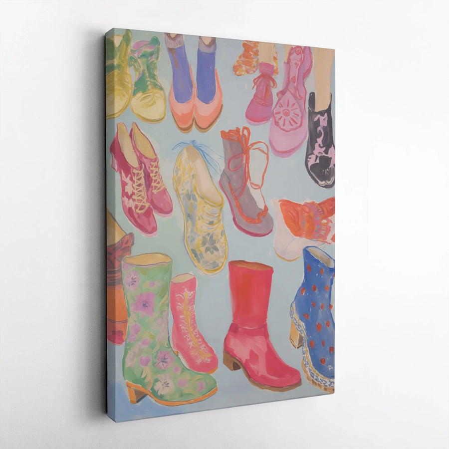 Fashion Illustration Canvas Wall Art | Colorful Assorted Shoes And Boots Print | Premium Gallery Wrapped Decor | Trendy Gift For Shoe Lovers